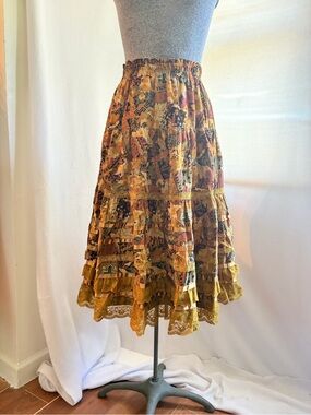 Vintage corduroy and lace patchwork print tiered ruffled skirt
